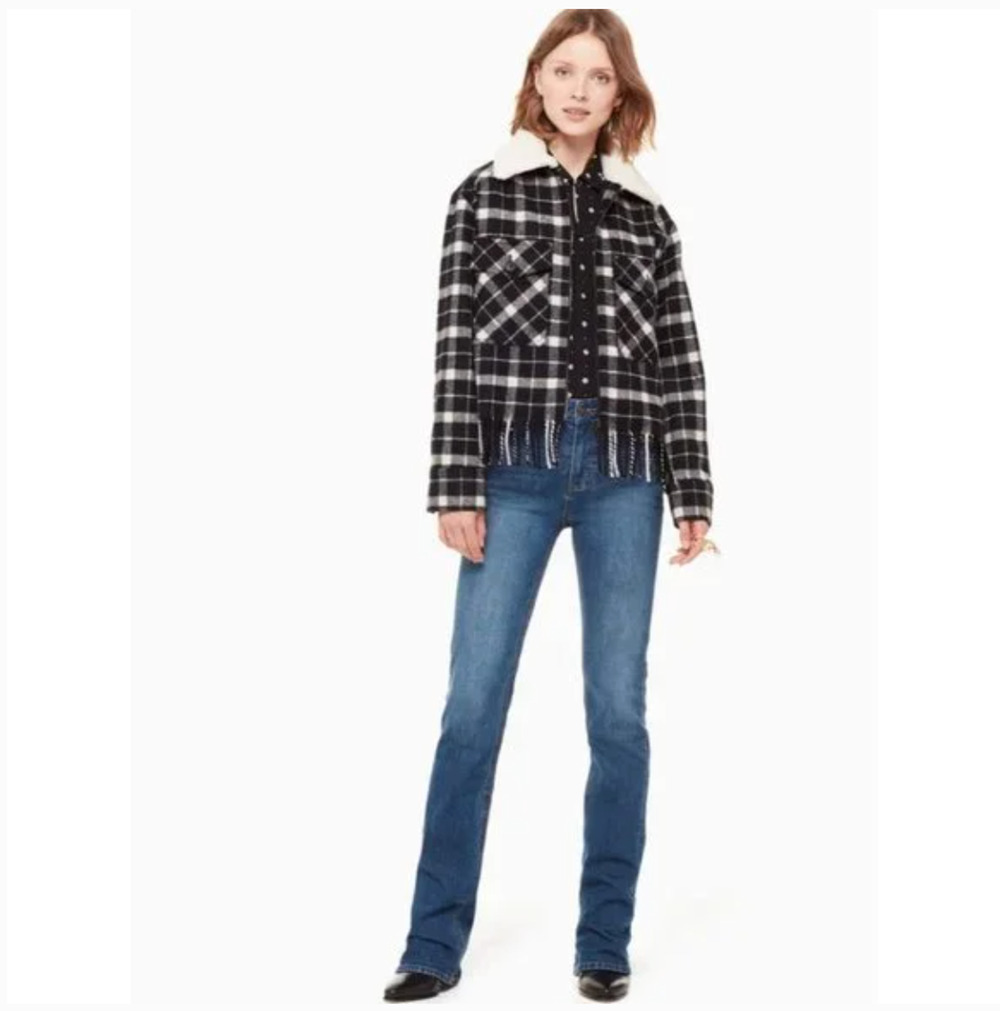 Kate Spade Wool Plaid Jacket XS Full Zip Fringe Sherpa Black White Western